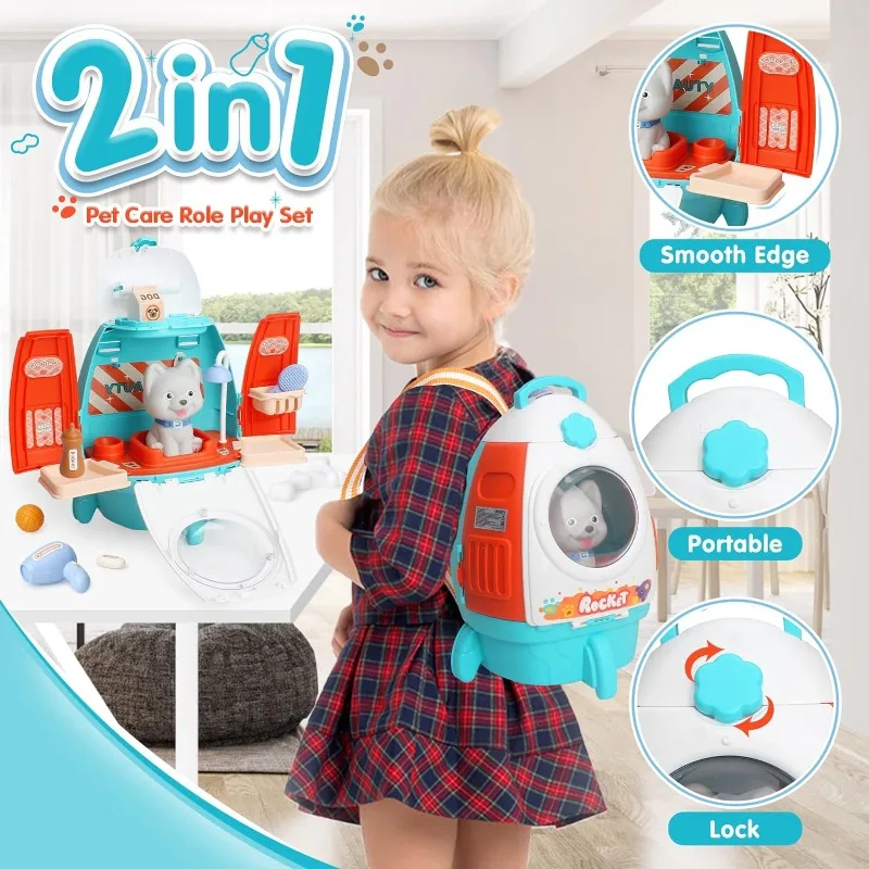 Pet Cat Dog Carrier Backpack Toy, 18PCS Pet Care Playset,Vet Clinic and Doctor Kit for Kids, Pet Veterinarian Medical Role Play