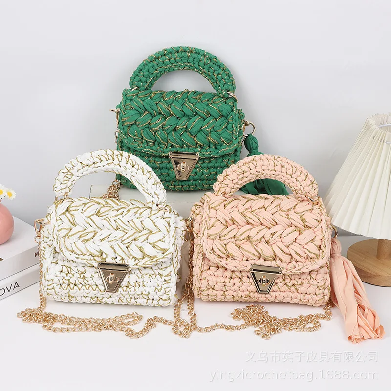 Mão pura Crochet bolsa crossbody para mulheres, Ponto acabado pequena cadeia, saco quadrado, bolsa designer de luxo, novo, 2024