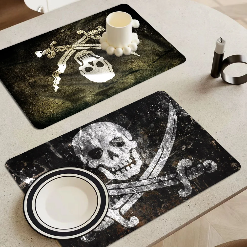 

Retro Pirate Ship Rune Skull Kitchen Draining Mat Tableware Pad Coffee Dish Drying Mat Placemat Bathroom Kitchen Drain Pad