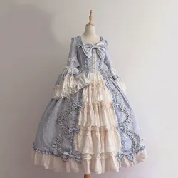 Lolita Medieval Retro Gothic Court Lolita Dress Waist Spliced Bow Vestidos Lace Trim Japanese Long Sleeves Dress Women