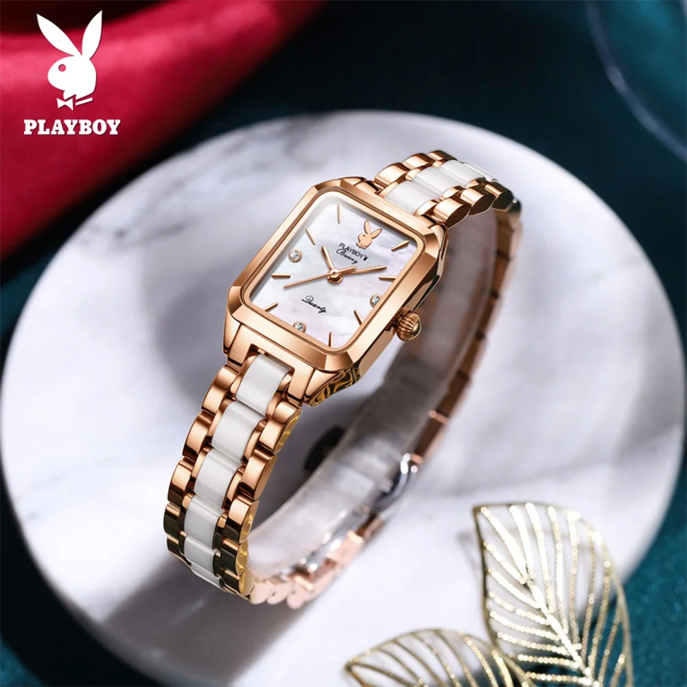 PLAYBOY 2050 Women Watches Luxury Elegant Square Quartz Watch Ceramic Steel Waterproof Luminous Wristwatch For Female Gift Box
