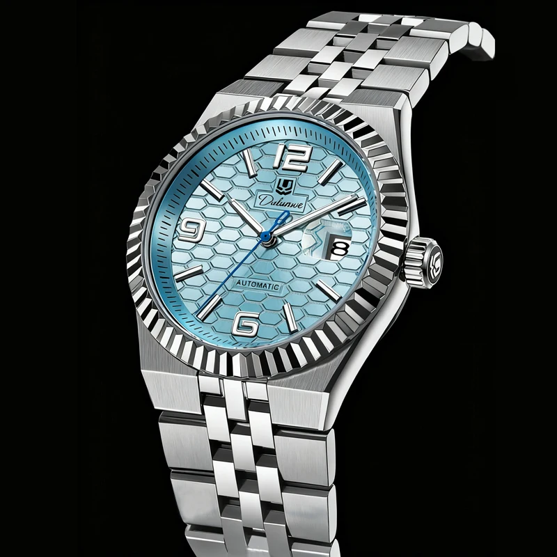 

Новые небесно-голубые роскошные автоматические часы со светящимся календарем, 30 м, водонепроницаемые мужские механические наручные часы из нержавеющей стали, спортивные часы