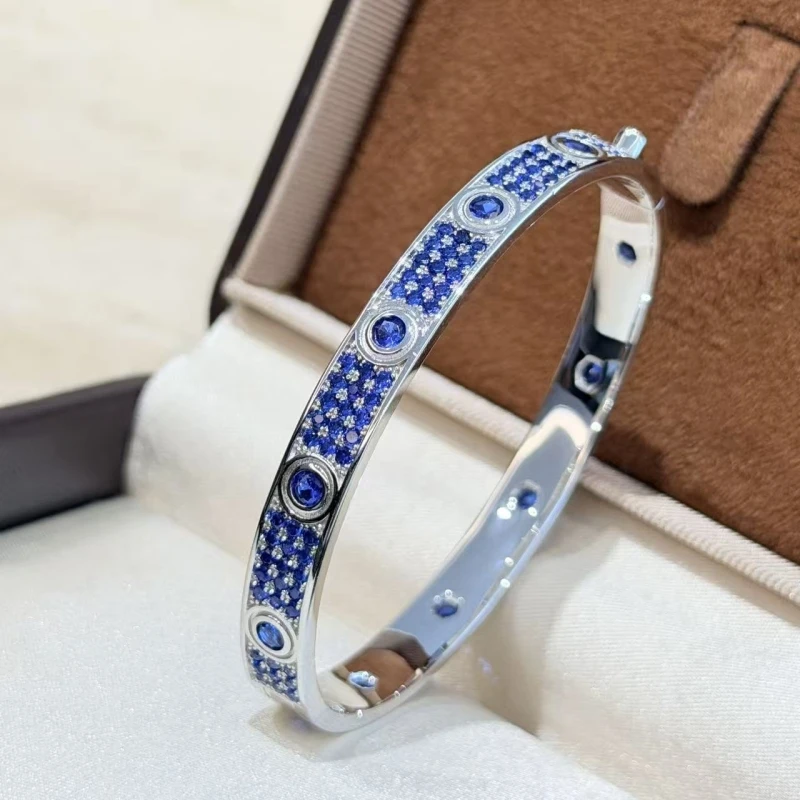 Cameo 925 Silver Bangle Blue Zircon Round Classic Popular Designer Cuff  Bracelets Fashion Daily Party Jewelry Gift