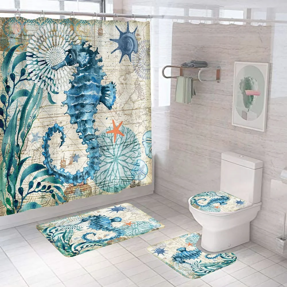 Sea Turtle Shower Curtain Sets Waterproof Nautical Ocean Vintage Animal Bathroom Bathtub Curtains Bath Mats Rug Toilet Lid Cover