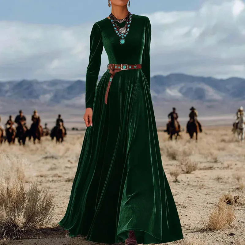 Female Clothing Vintage Solid Slim Soft Velvet Long Dresses Woman Elegant O Neck High Waist Pleated Maxi Dress for Autumn Winter