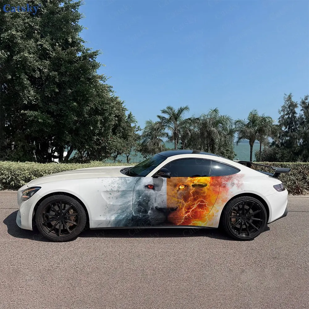 2pcs Fire Split Lion Face Car Side Wraps, Self-Adhesive PVC Waterproof & Scratch-Resistant Stickers, Car Accessory Gift