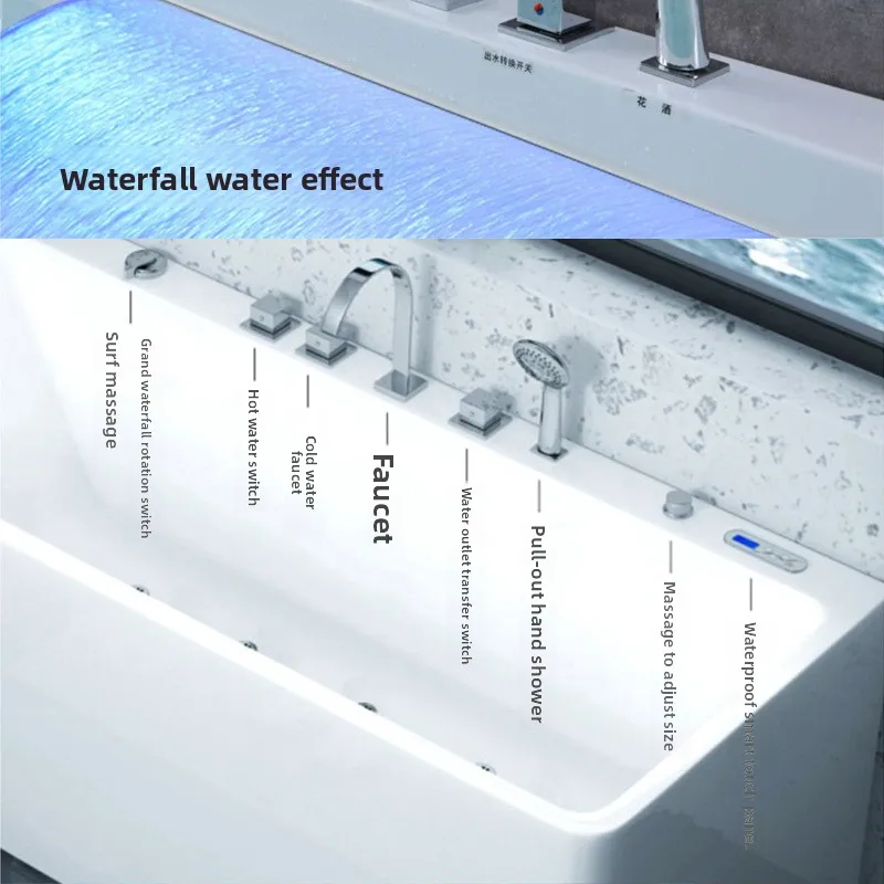 Acrylic Thermostatic Bathtub with Waterfall and Wave Effect, Suitable for Small Apartments, Hotels Homes Custom Sizes Available