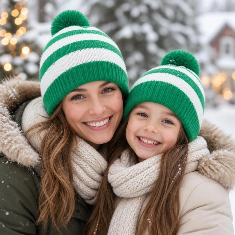 Winter Christmas Hat Red Green Color With Pompoms Cosplay Costume Hat Thickened Christmas Decoration Pompom Beanie Cap