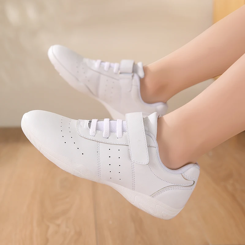 Women Hook&Loop White Leather Cheerleading Shoes, Perforated Non Slip Sole Gymnastics Sneakers for Competition Training J0018