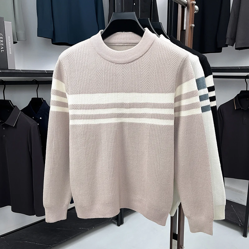 men's autumn winter long sleeves high quality sweater round neck stripe keep top warm knitwear leisure innerwear men's clothing