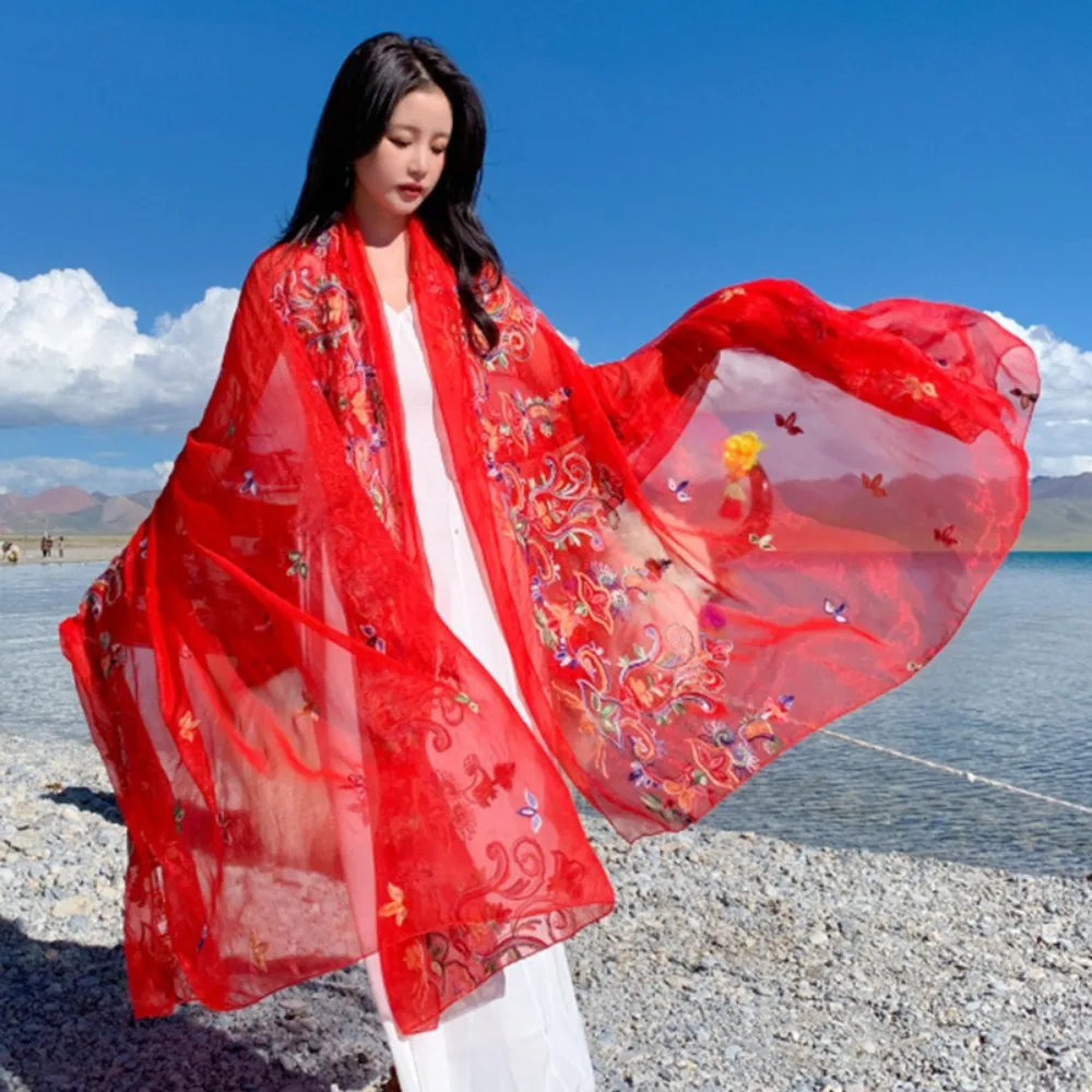 150x230cm Oversized Simulation Silk Embroidery Scarf Tourism Photography Red Large Shoulder Flower Foulard En Mousseline Scarf