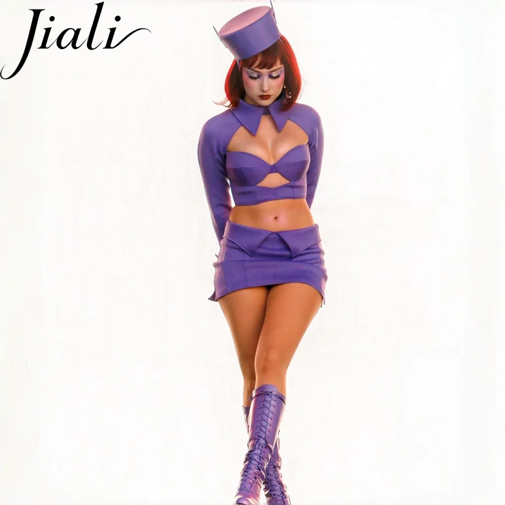 Jiali Customized The Fifth Element Stewardess Cosplay Costume Purple 4‑Piece Set Crop Top Bolero Mini Skirt Hat Halloween Party