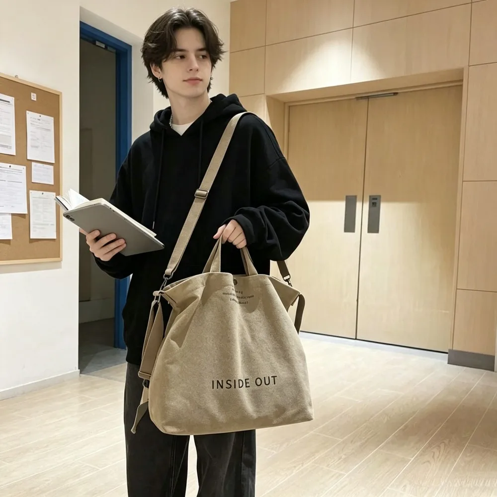 Khaki Vintage Canvas Crossbody Bag for Men 1 Pack, Large Capacity Shoulder Handbag, Casual Tote Bag for College School Daily Commute