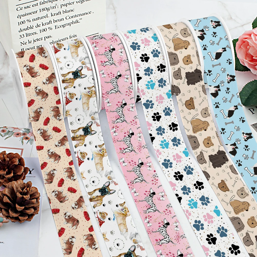 Cartoon Dogs Animals Paw Pattern Printed Grosgrain Satin Ribbon for Gift Wrapping Hair Bow 50 Yards