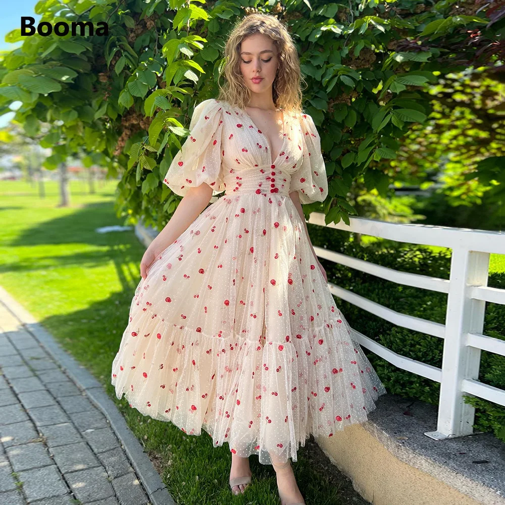 Booma Cherry Dotted Tulle Midi Prom Dresses V-Neck Short Sleeves A-Line Wedding Party Dresses Tea-Length Formal Party Gowns