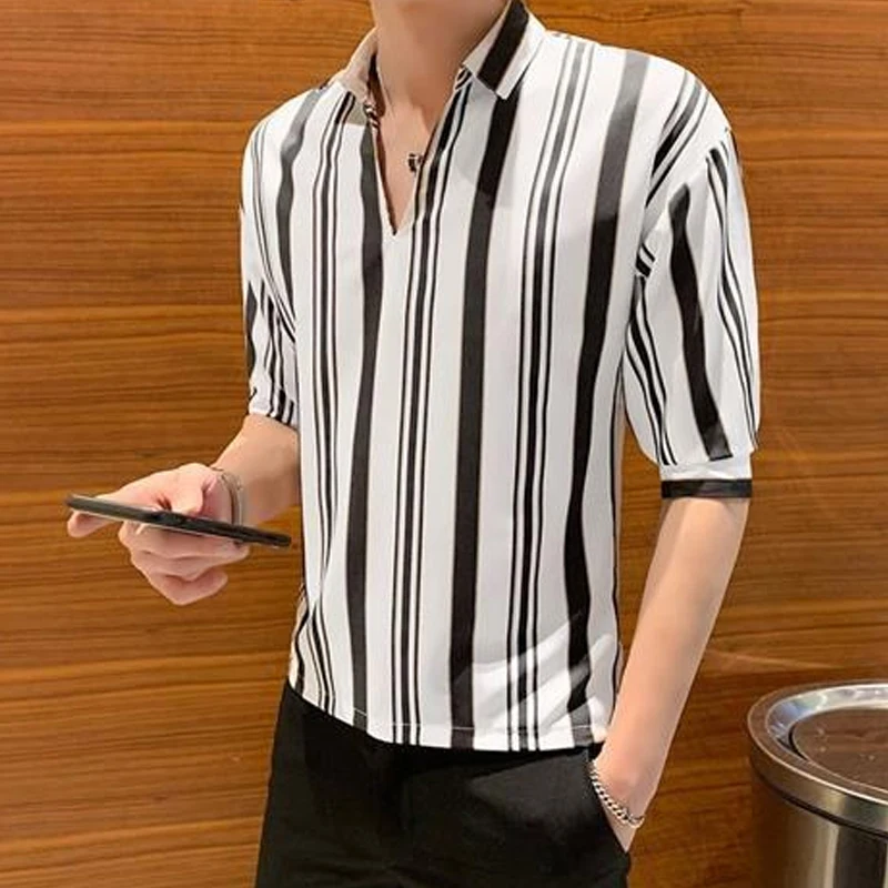 T-Shirts  Striped Elbow Sleeve Pullovers Simplicity Man Spring Summer Thin Handsome2023 Men\'s Clothing Turn-down Collar Casual