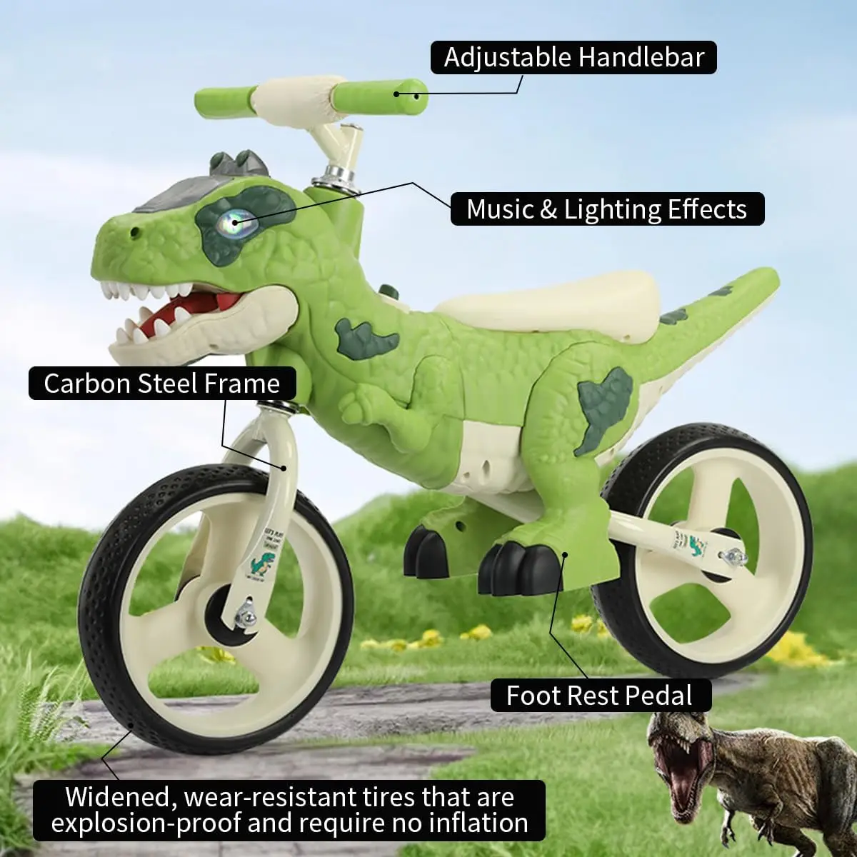 Brinquedos de bicicleta de equilíbrio para crianças com tema de dinossauro para meninas e meninos de 2 a 7 anos – efeitos de música e iluminação, bicicleta de treinamento sem pedal, melhor