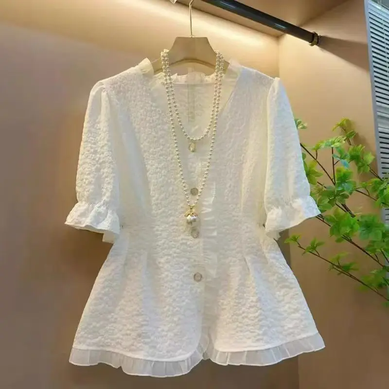 

Temperament Lace Patchwork Shirt Tops Office Short Sleeve V Neck Solid All-match Elegant Summer Vintage Fashion Women Clothing