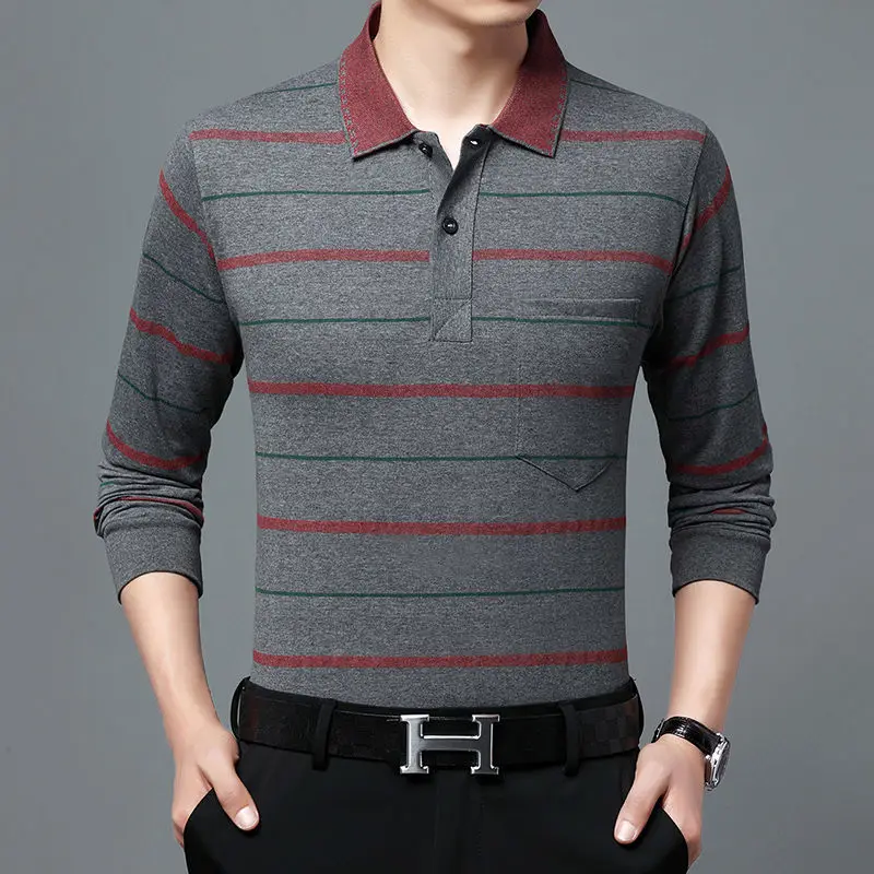 Fashion Men Long Sleeve Cotton Stripe Polo Shirt Spring Autumn New Pockets Male Clothes Business Casual Loose Streetwear Tops