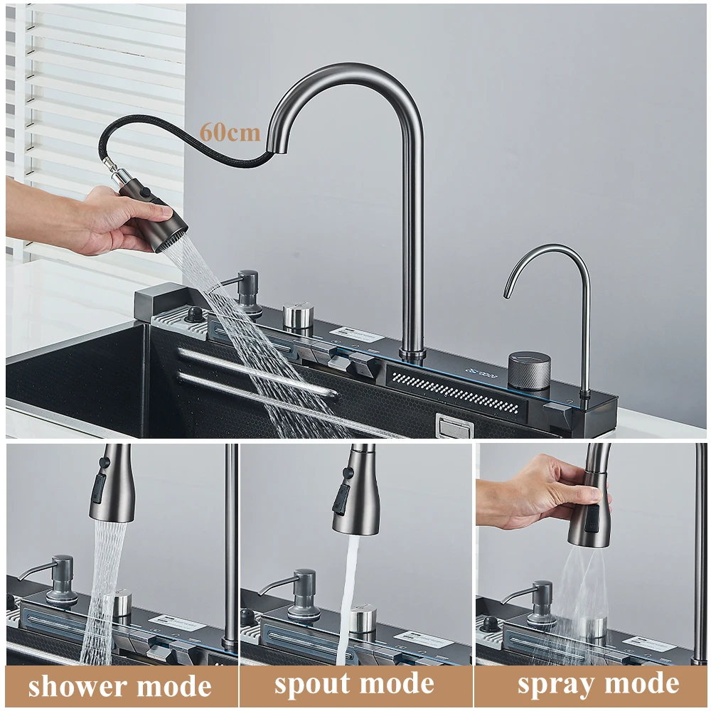 حوض شلال للمطبخ من الفولاذ المقاوم للصدأ ، شاشة رقمية ، حوض كبير للطبق الواحد ، شلال يعمل باللمس متعدد الوظائف ،