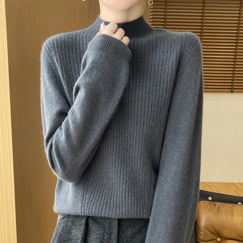 

Модный базовый свитер из 100% мериносовой шерсти, модный однотонный свитер с полуводолазкой, пуловер из кашемира с длинными рукавами, мягкая одежда, топ