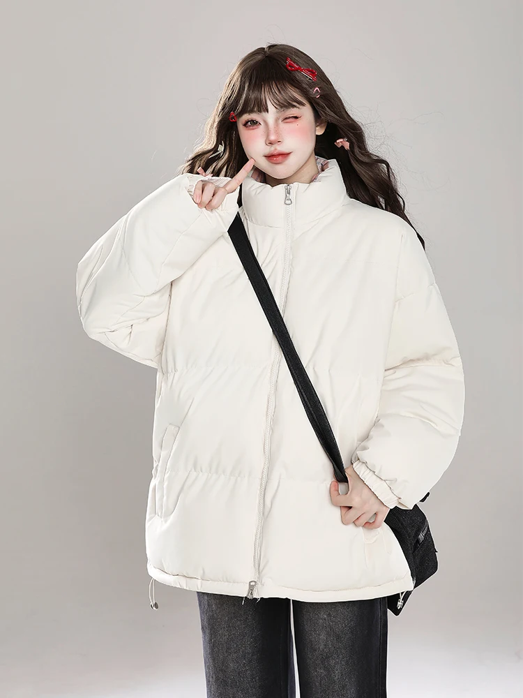 

Thiened Cotton Jaet Women's Winter Casual Loose Versatile Bread Coat Super Cute Cotton Outerwear Patchwork Plaid Stand Co...