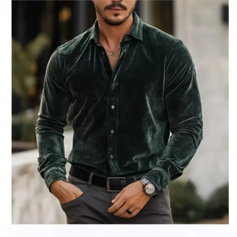 

Men's Luxury Velvet Button-Down Shirt Loose Casual Tops Soild Dress Shirt For Party Daily Wear Spring Autumn Men's Velvet Shirts