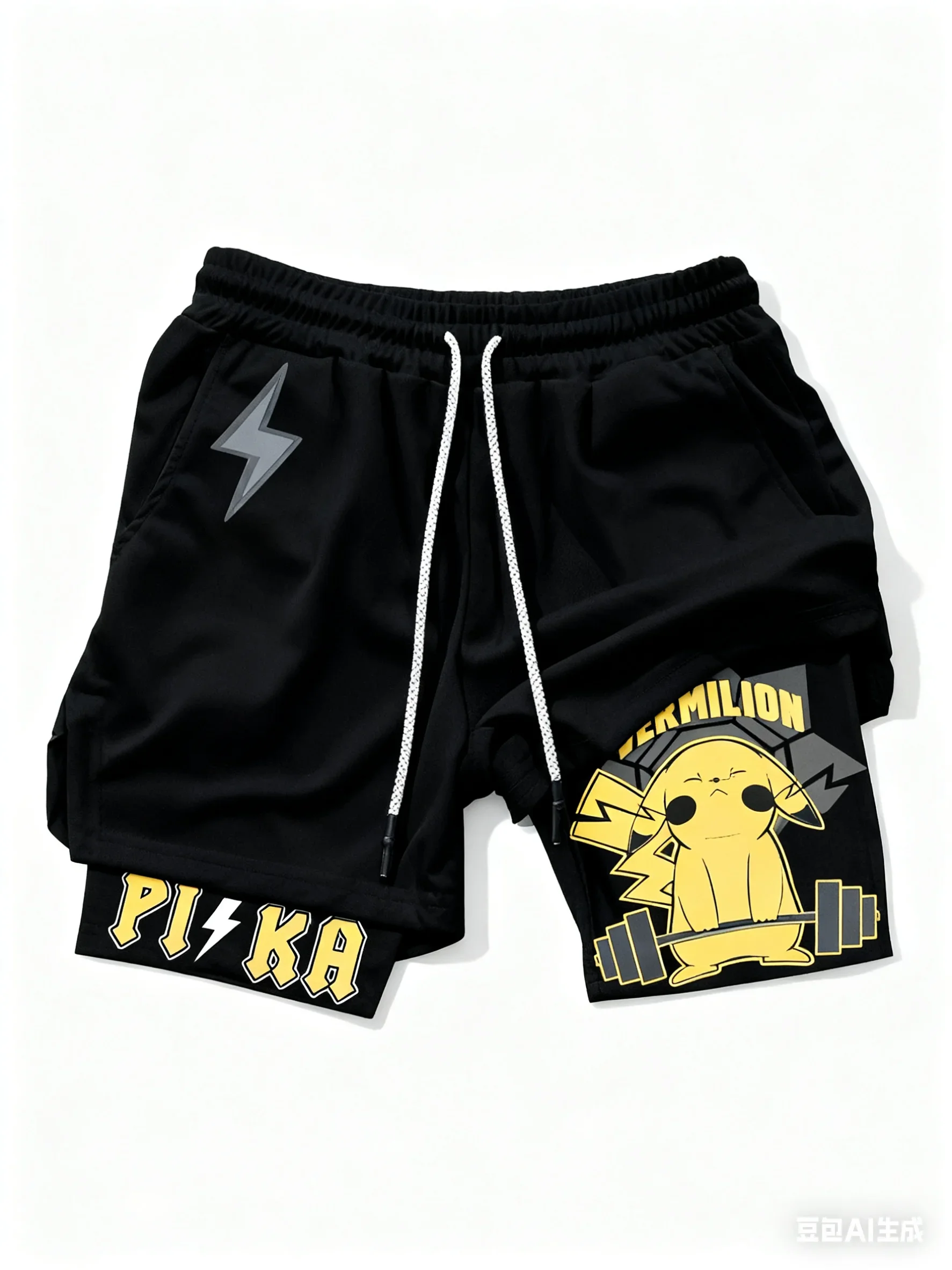 Celana Pendek Olahraga dan Tren Celana Renang Ganda Baoneng Meng Pikachu untuk Pria dan Wanita, Bernapas, Longgar, Gaya Anime Kombinasi