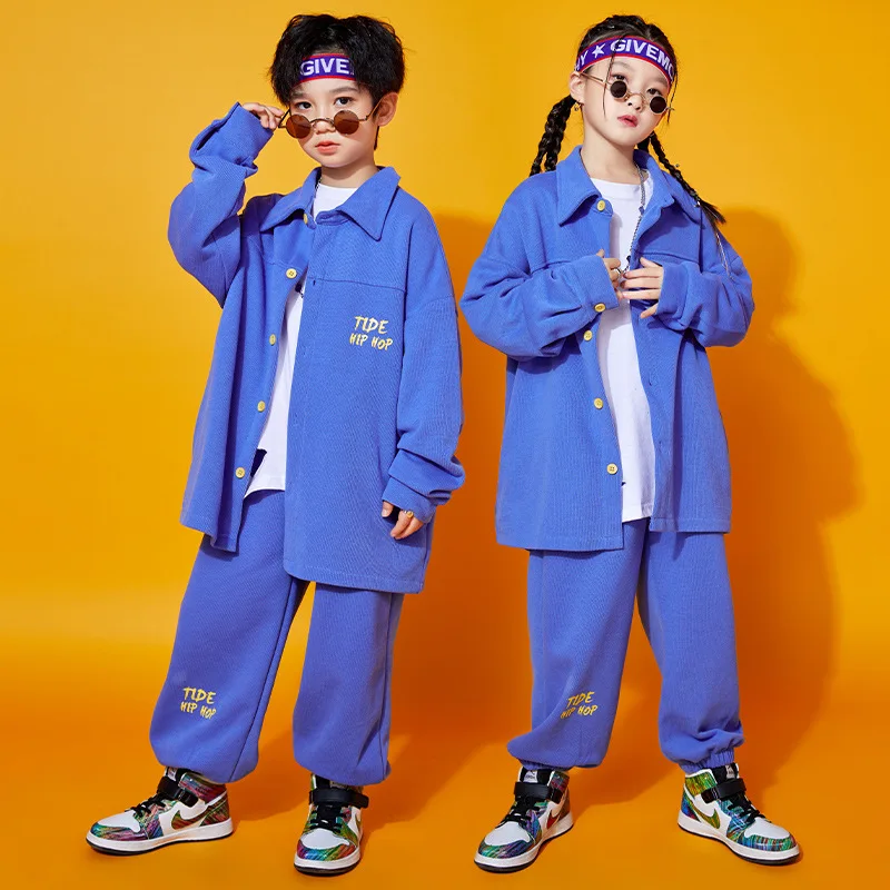 Dance Costume for Girls Blue Lapel Long Sleeve Letter Print Jacket Elastic Waist Casual Sweatpants 2pcs Children's Clothing Boys