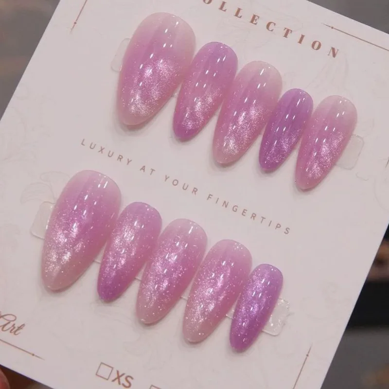 Pink Purple Cat Eye Gradient Press On Nails,Dreamy Glitter Medium Almond False Nails,Fairy Removable Reusable Popular Manicure N