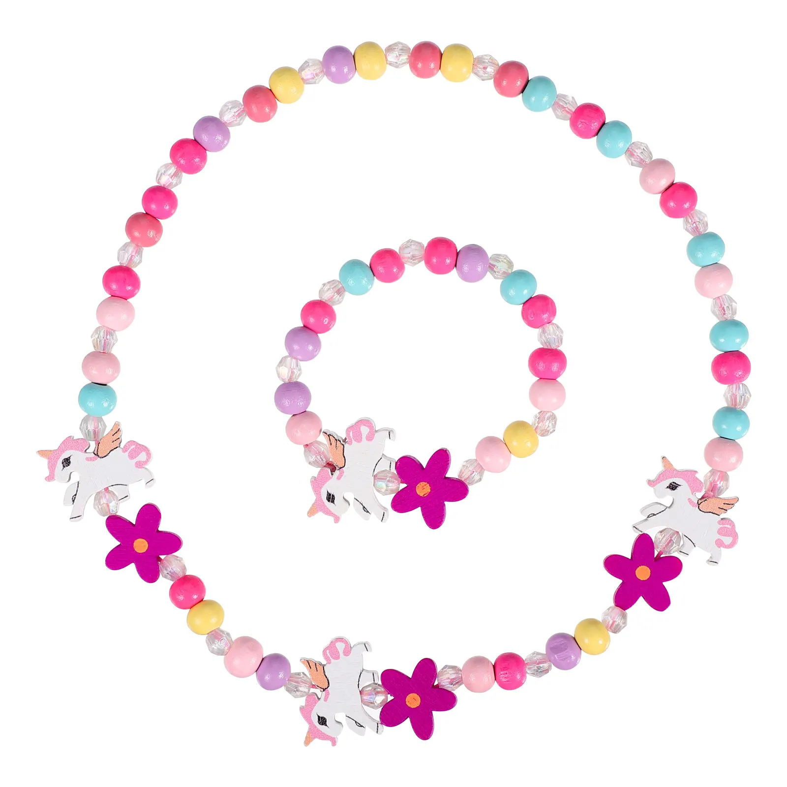 

1 set Wooden Beaded Necklace Bracelet Set Kids Unicorn Pendant Jewelry Gift Diy Accessories Children Party Favor Dress Up