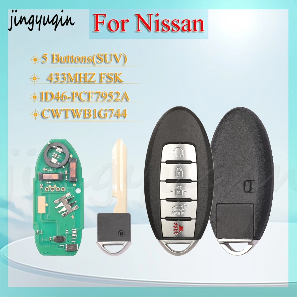 

jingyuqin For Nissan Armada Patrol 2017-2020 SUV Smart Car Key Fob 5Buttons 433MHz ID46Chip fccid:CWTWB1G744 1788D-FWBIG744