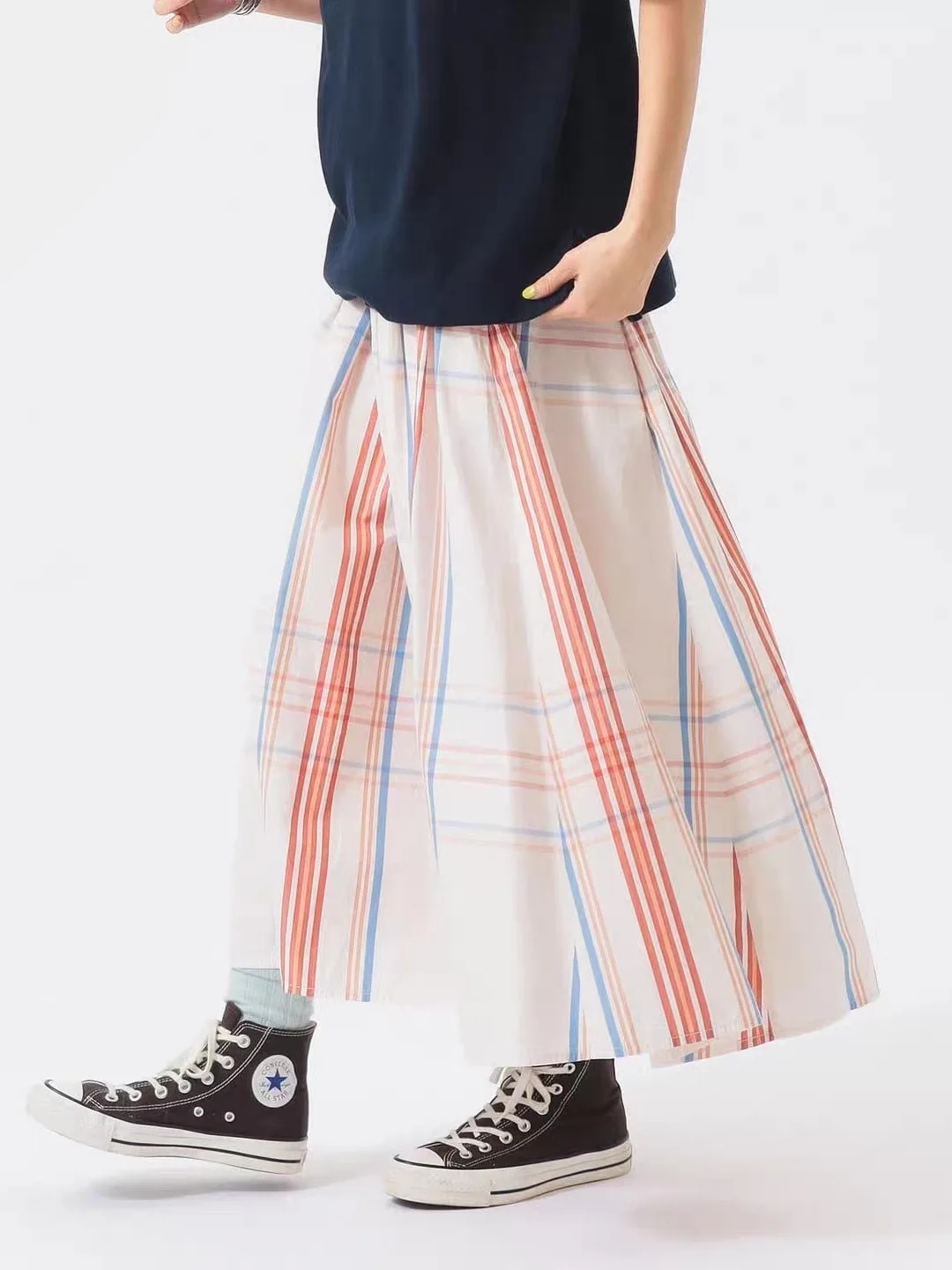 Classic Plaid Elastic Waist Casual Skirt A-Line Half-length Ladies' Skirt with Pleats Autumn Season Other Material