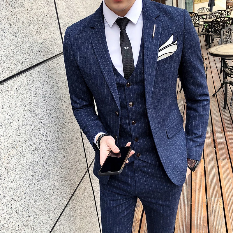 

(Blazer+Pants+Vest) Stripe Mens Tuxedo Wedding Suits for Men Bespoke Groom Wear Formal Fashion Jackets Men Suit Prom Party 4XL-M