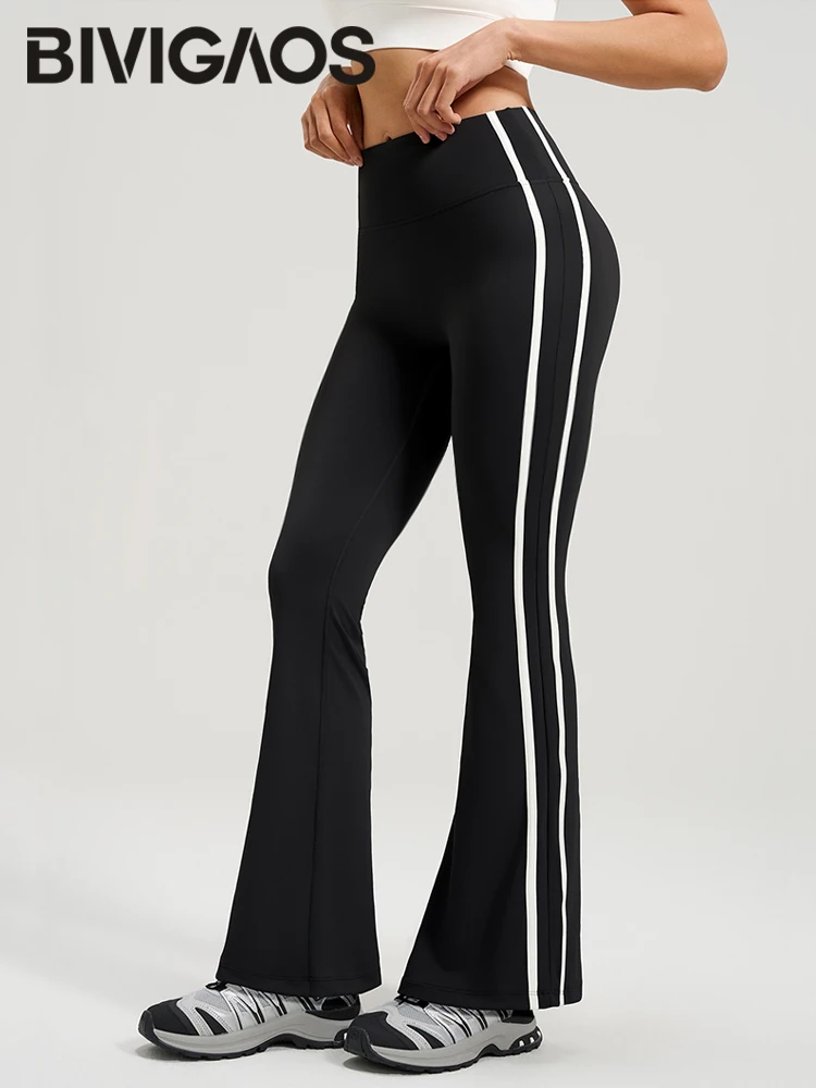 BIVIGAOS Spring Summer Side Double Striped High Waist Flared Leggings Women Running Sport Fitness Leggings Elastic Flared Pants