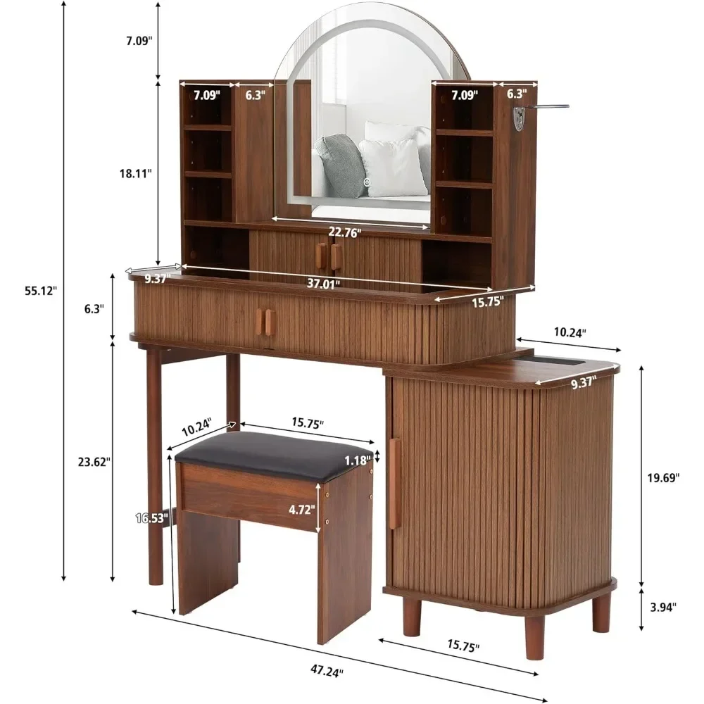 Vanity Desk Set with Mirror and LED Lights, Vanity with Fluted Sliding Doors with Charging Station, Glass Tabletop Vanity Table