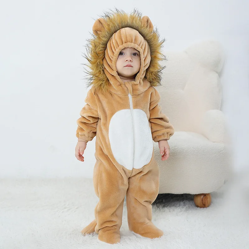 Winter Infant Romper Baby Boys Girls Flannel Cartoon Animal Lion Jumpsuit New Born Clothing Hooded Toddler Cute Baby Costume