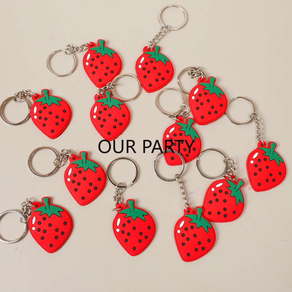 12Pcs Sweet Fruit Strawberry Theme PVC Keychain Backpack Pendant for Kids Girl Birthday Party Favors Baby Shower Goodie Bag