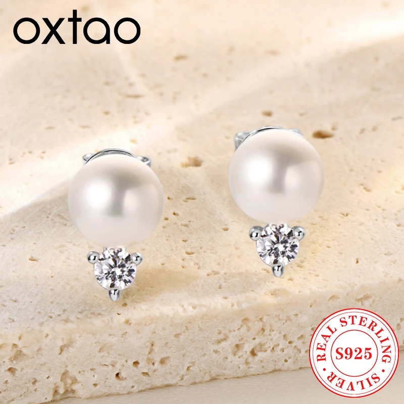 OXTAO 6,5–7 mm weiße Süßwasserperlen-Ohrringe für Damen, 925er Silber, Luxus-Schmuck, elegante weibliche Alltagskleidung, Zubehör
