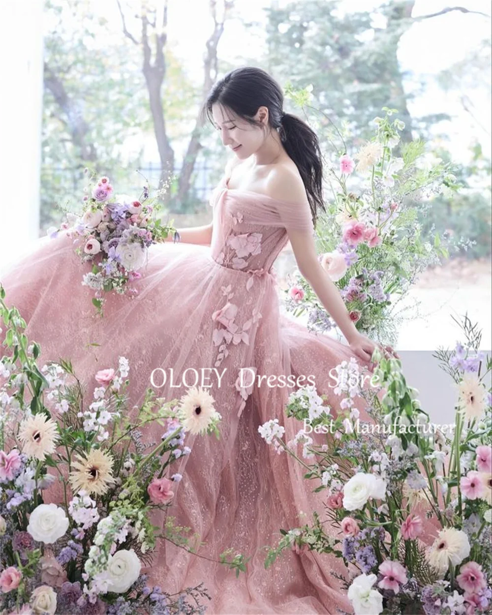 OLOEY 2025 Exquisite Pink Long Prom Dress Korea Wedding Photoshoot Appliques Off Shoulder A Line Party Dress Lace Tulle Custom