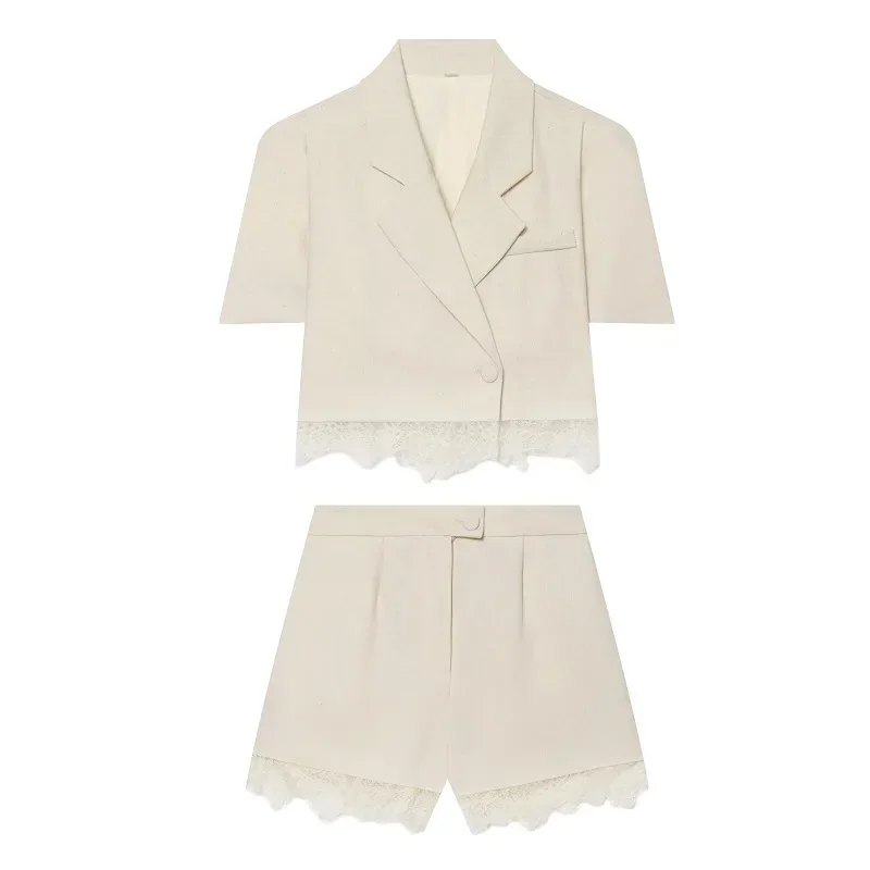 HXAO Kurze Jacke Spitzen-Blazer Damen Bürokleidung Kurzarm-Blazer Damen Sommer Knopfleiste Lässiger Pendler-Blazer Damenanzug – Detail 4