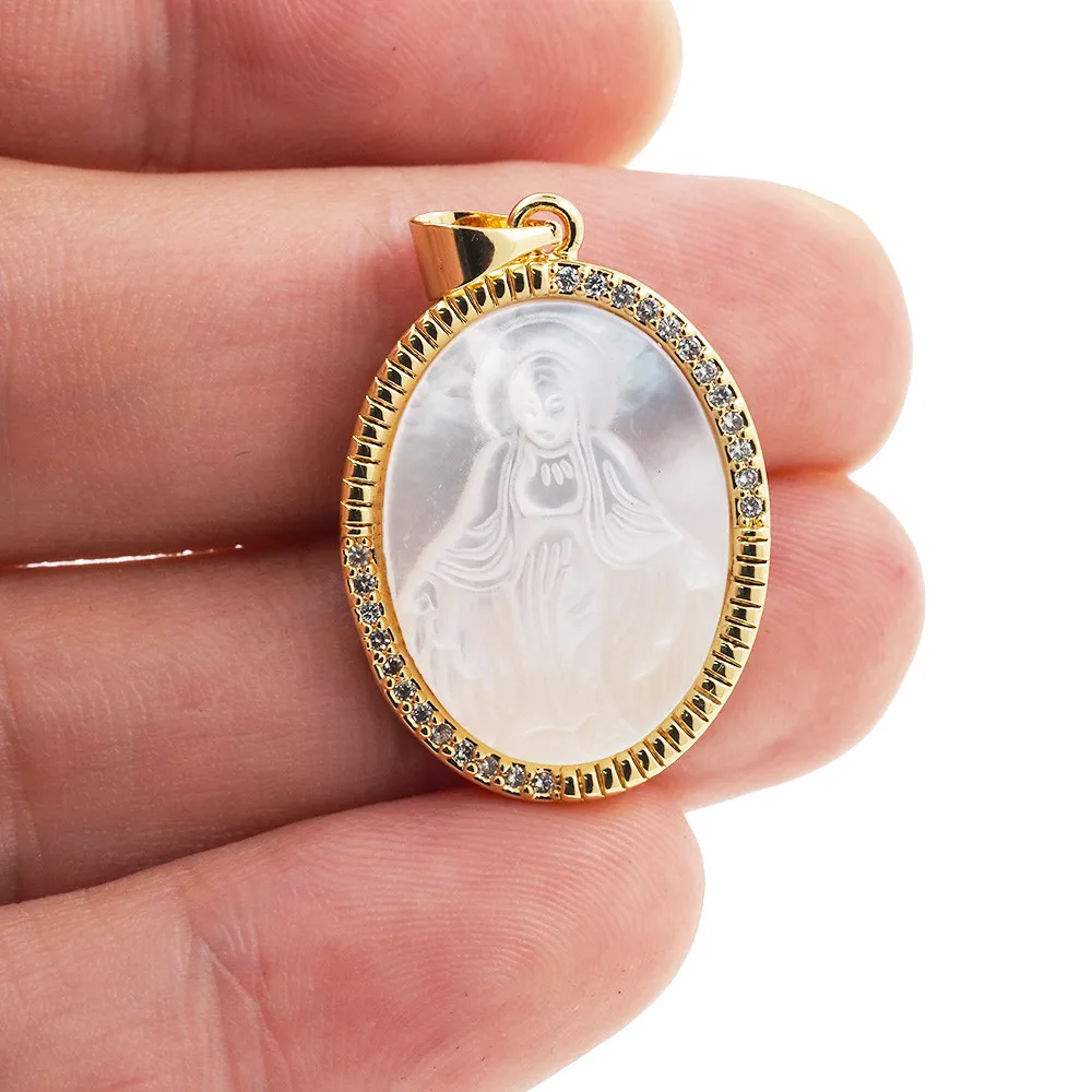 New Oval Medal Virgin Mary Tree Of Life Corss Pendant Pearl Shell CZ Charm Necklace Accessories For Women Fashion Jewelry Making