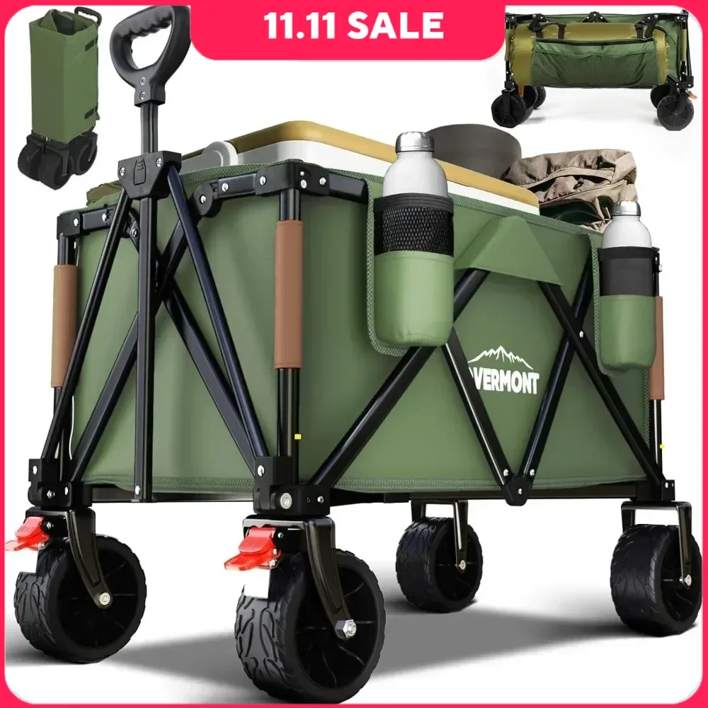 Collapsible Beach Cart with Side Pockets, All Terrain Detachable Wheels 150L Capacity 265lbs Heavy Duty Foldable, Garden Cart