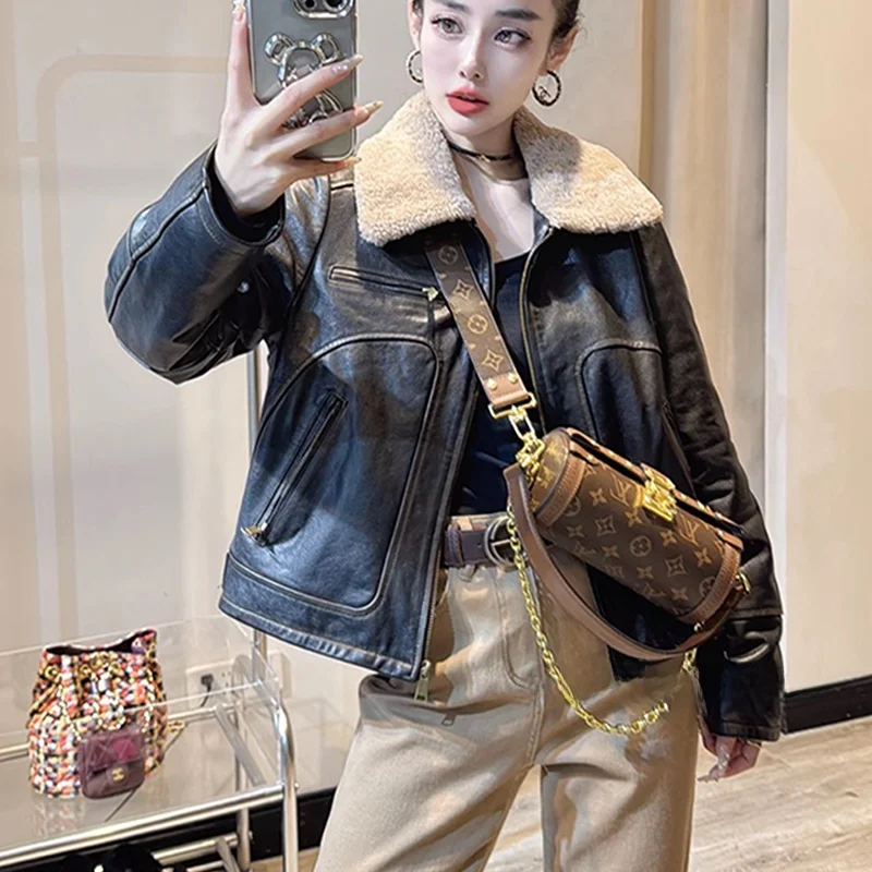Abrigo de cuero genuino ort para mujer con cuello de piel de cordero curtido de plantas acolchadas de algodón corte ajustado motocicleta Sle Faionable