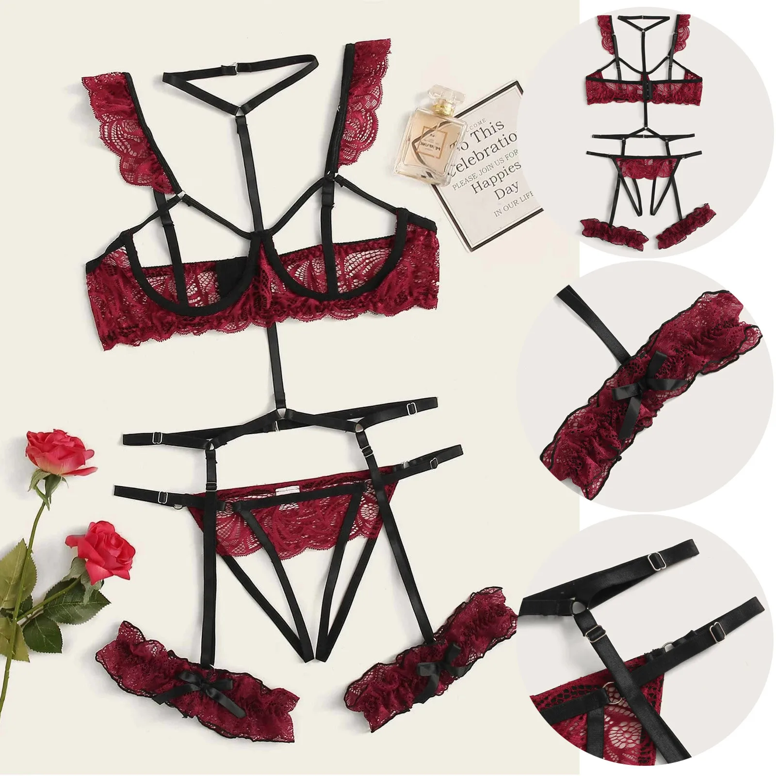 Sexy Lace Lingerie Set Women's Underwear Transparent Open Bra Panty Sets Garter Lace Black Lingerie Bra Erotic Underwear Set