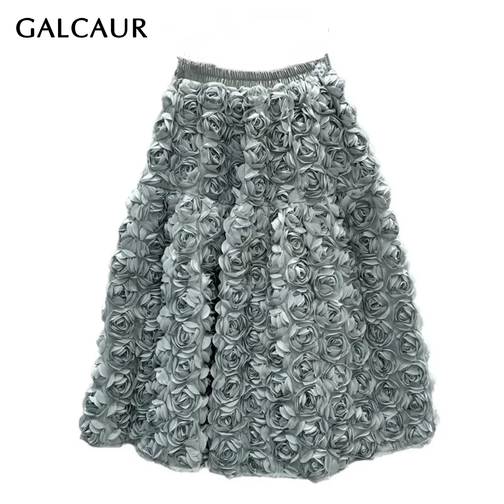 

GALCAUR однотонная юбка с 3D цветами, базовая женская юбка с высокой талией, свободная милая элегантная женская длинная юбка, модный осенний стиль, новинка