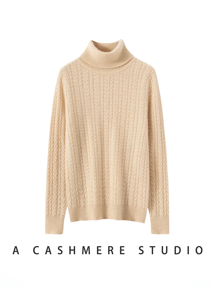 2025New mujeres 100% suéter de cachemira cuello alto Cable tejido básico jersey de manga larga Otoño Invierno suave cálido Casual prendas de punto Tops