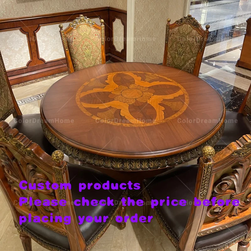 custom.Classic American Dining Room Furniture Carved Wooden Dining Table and Chairs Set Solid Wood Round Dining Table