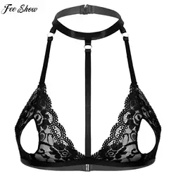 Women See-through Lace Unlined Wireless Bra Tops Halter Neck Strappy Hollow Out Open Nipples Lingerie Brassiere