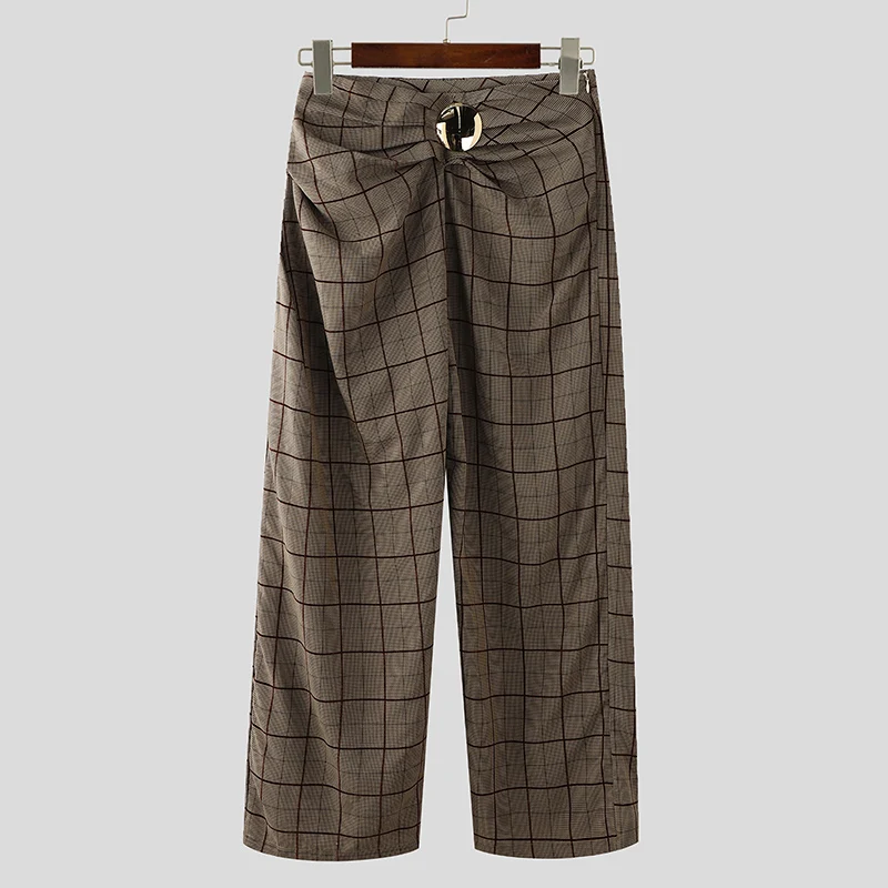 

INCERUN Casual Wide Leg Long Pants 2025 Men Handsome Kink Design Simple Trousers Fashion Metal Buckle Loose Color-block Bottoms